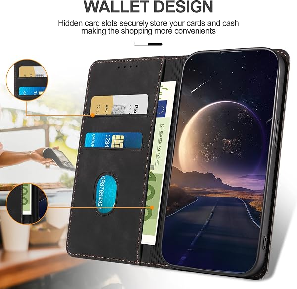 Coque pour iPhone 14 Pro, Etui Protection Housse en Cuir PU [Porte Cartes], Antichoc Portefeuille Étui à Rabat Flip Case pour iPhone 14 Pro (Noir) - 3