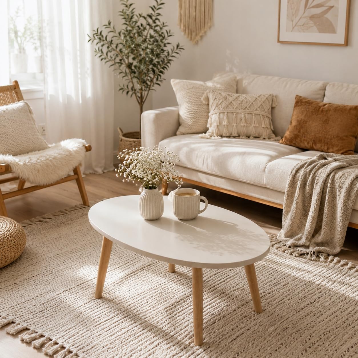 P&P Furniture - Mesa de centro ovalada de madera escandinava, 70 x 50 cm, color blanco, pequeña, mesa de salón, sofá, mesa blanca, madera, moderna
