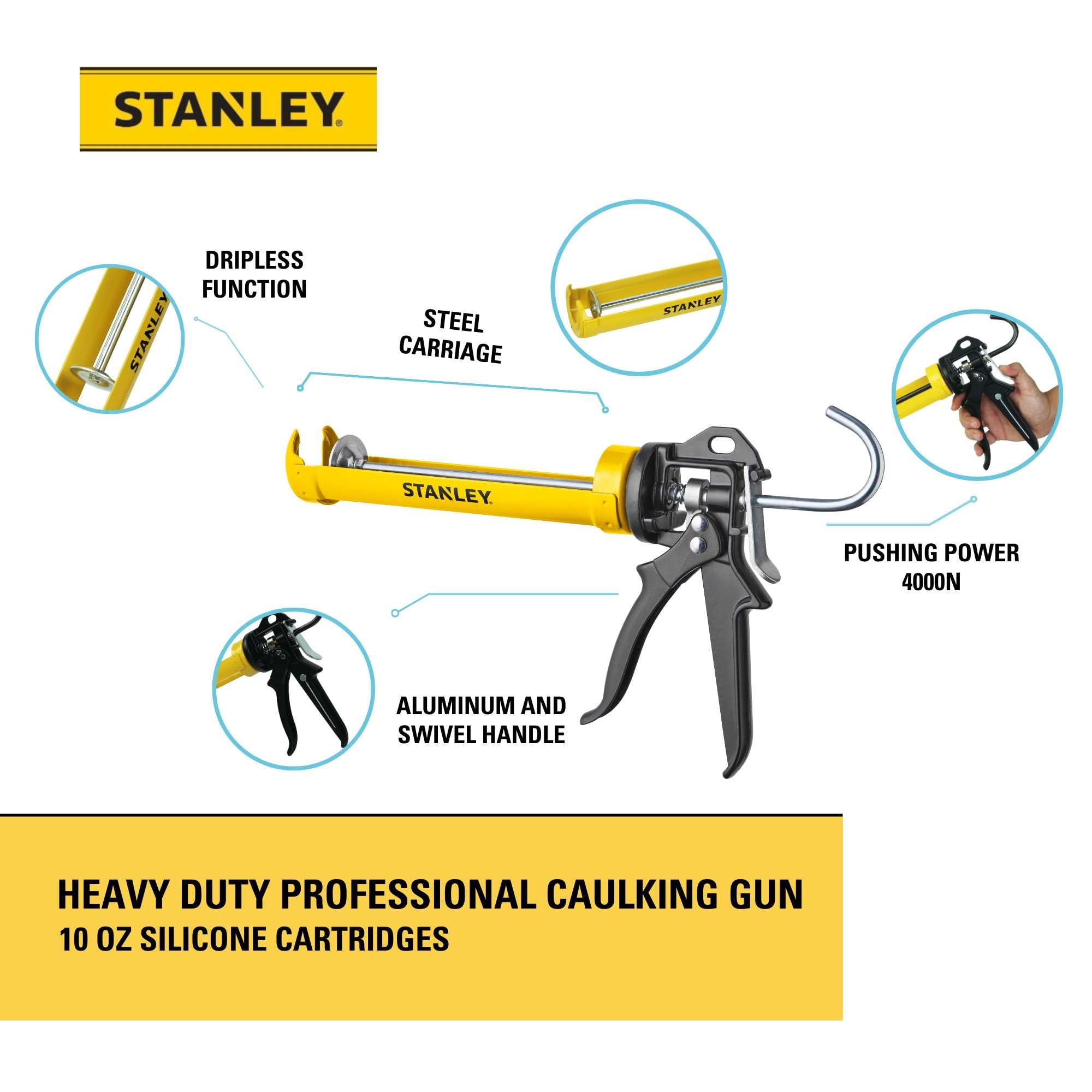 Stanley Professional Caulking Gun - 10 Oz Silicone Sealant Gun with 4000N Pushing Power, Caulk Gun No Drip Function, Steel Carriage & Aluminum Swivel Handle Sealant Gun | 25:1 Thrust Ratio, 1 Pack