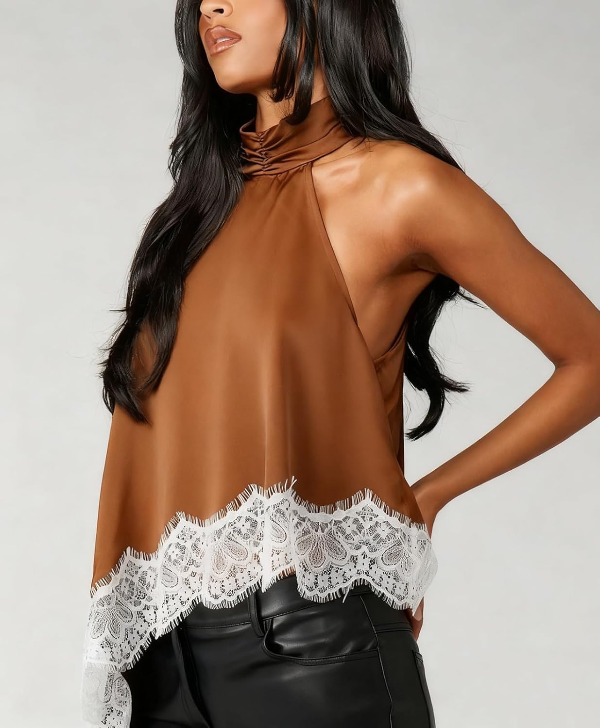 Y2K Silky Halter Tops for Women Lace Trim Satin Asymmetrical Cami Tank Top Sexy Summer Sleeveless Going Out Tops - Image 3