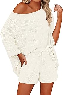 Mafulus Women's 2 Piece Outfits Sweater Sets Off Shoulder Knit Top Shorts Matching Suits Cute Pajama Lounge Set
