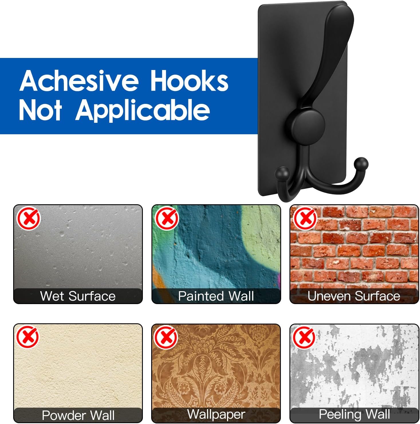 2 Pack Extra Large Adhesive Hooks, 13lb Stainless Steel Sticky Towel Hooks