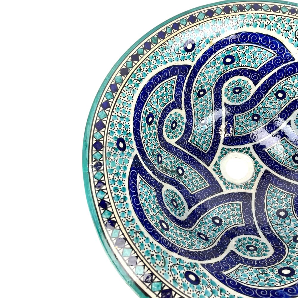 Lavabo Marocchino in Ceramica, Dipinto a Mano, Fes, 50 cm, Blu e Turchese, Motivo Tradizionale