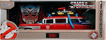 Jada Toys Transformers X Ghostbusters ECTO-1 Die-Cast Metal Model Car, 1:24 Scale, Red-white