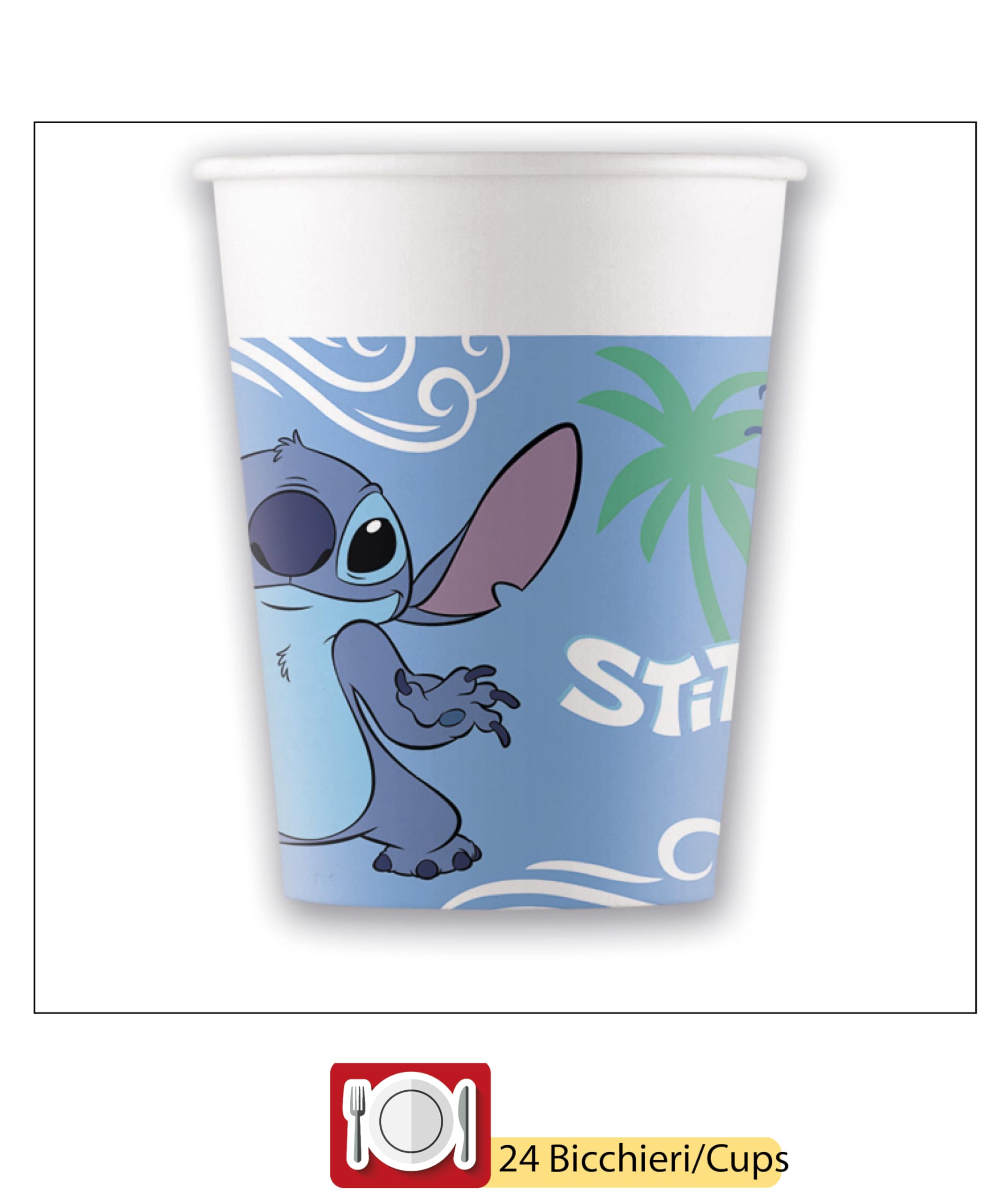 Ciao-Kit Party Tavola Disney Stitch & Angel per 24 persone (88 pezzi: 24 piatti Ø23cm, 24 bicchieri 200ml, 40 tovaglioli 33x33cm) in carta FSC