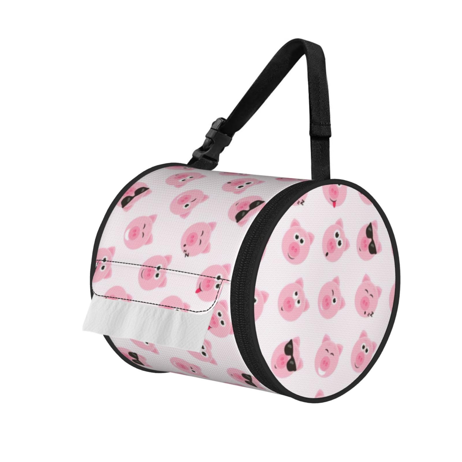 Funny Pink Pig Face Printed Hanging Tissue Organizer, Smooth Zipper Oxford Cloth Roll Holder for RV Bathroom Desk