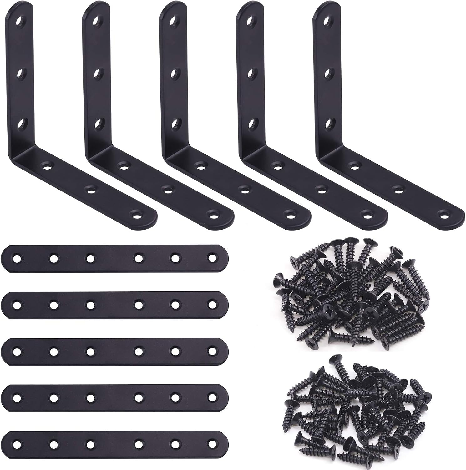 Keadic 16 Sets Black Stainless Steel Corner Brace Kit, Straight Plates Brackets &amp; L Brackets Right Angle Bracket Fastener for Wood Chair Bookshelf