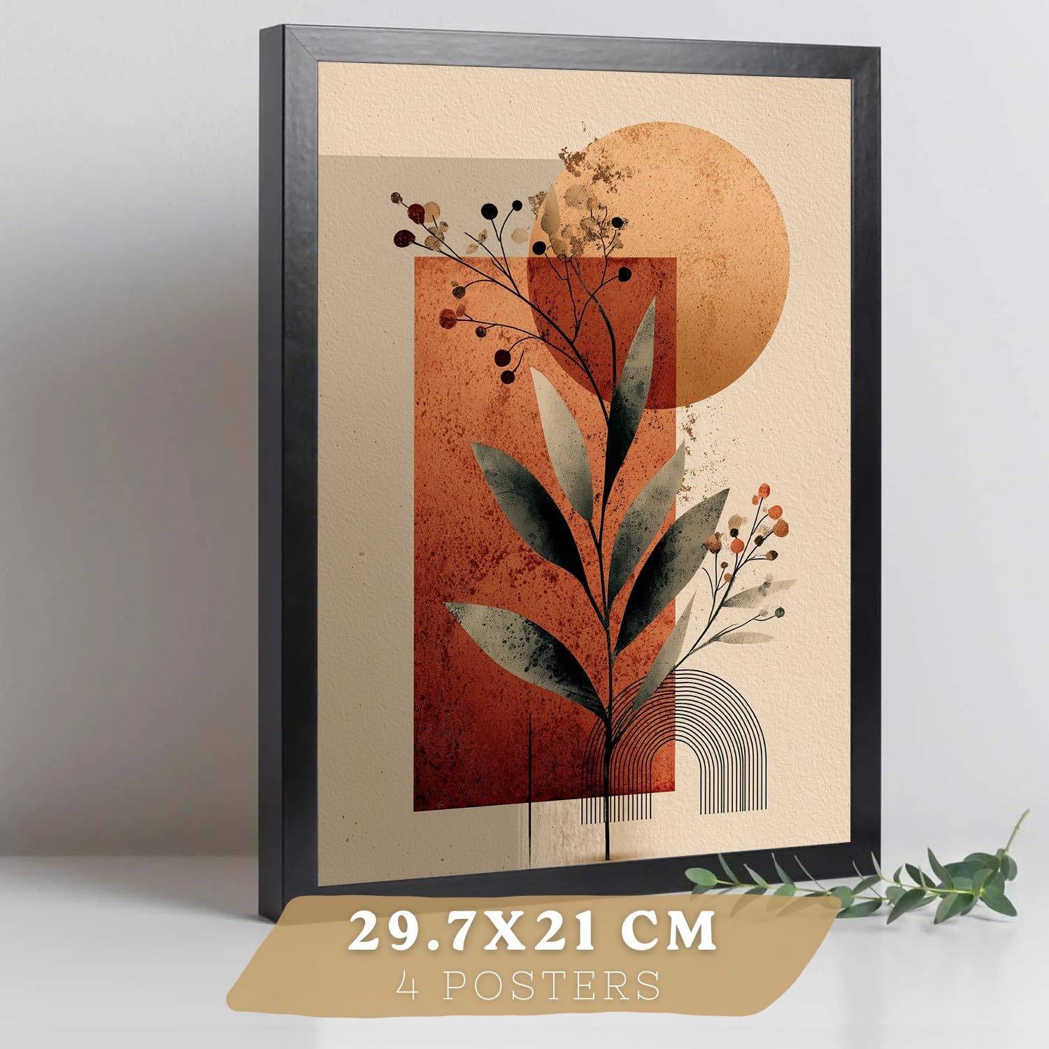 Nacnic Set De 4 Laminas Decorativas Flores Abstractas Cuadros Salon Modernos - Posters Decorativos Rojos Naranjas Decoración Dormitorios Cocina Baño A4 Black Frame