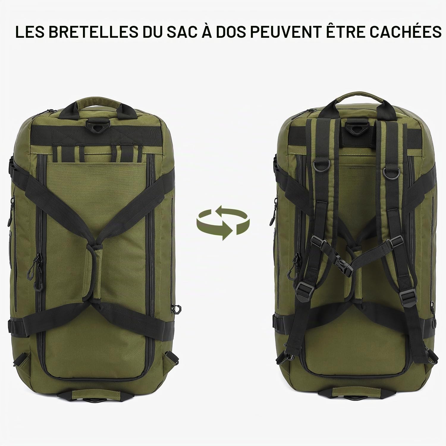 TUGUAN Grande Sac de Voyage Homme 100L XL Sac de Sport Femme 3 en 1 Sac à Dos, Sac à Main & Bandoulière Imperméable pour Randonnée Camping Voyage, Vert