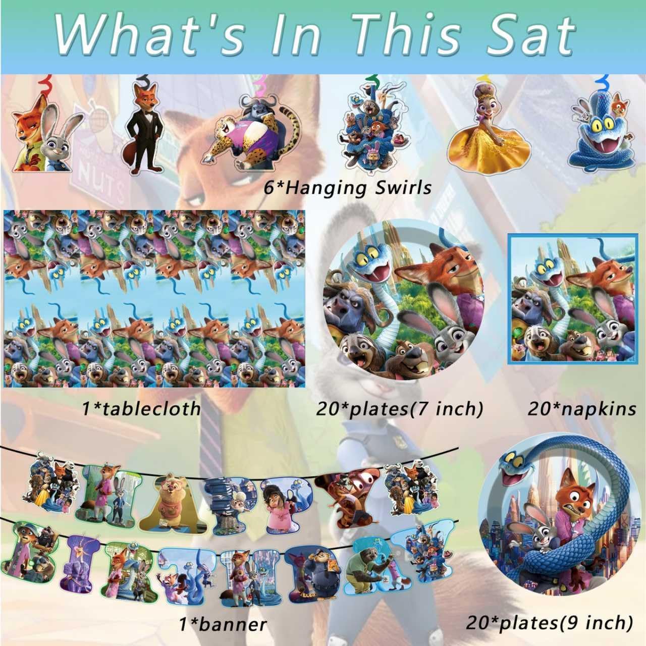 68PCS Zootopia2 Party Tableware Set, Including 6 Hanging Swirls, 1 Tablecloth (71''x42''), 20 7-inch Plates, 20 9-inch Plates, 20 Napkins, 1 Banner Zootopia Themed Birthday Party Decoration Supplies