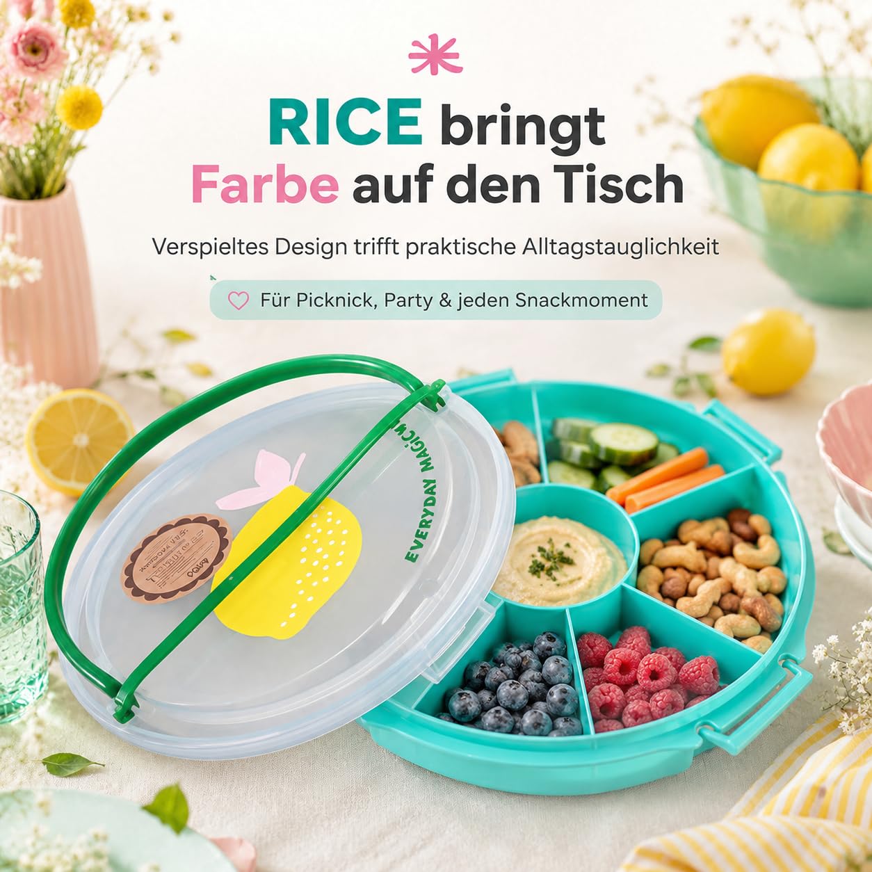 Rice Snackbox mit Fächern rund, Servierplatte mit Deckel, Türkis Zitrone | Snackbox mit 6 Fächern, Deckel und Zitronendesign - ideal für Obst, Dips, Picknick, Party und Brunch.