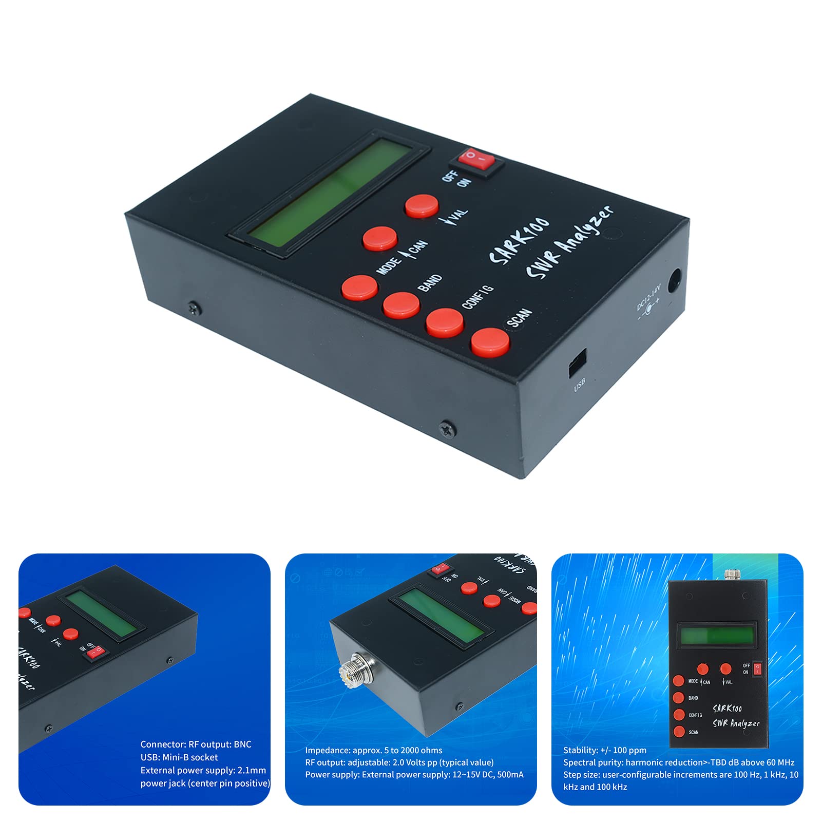 Analizzatore Di Antenne, SARK100 Analizzatore per Antenna Power SWR Meter e Frequenzimetro per La Misurazione Della Capacità Di Impedenza 1-60 Mhz