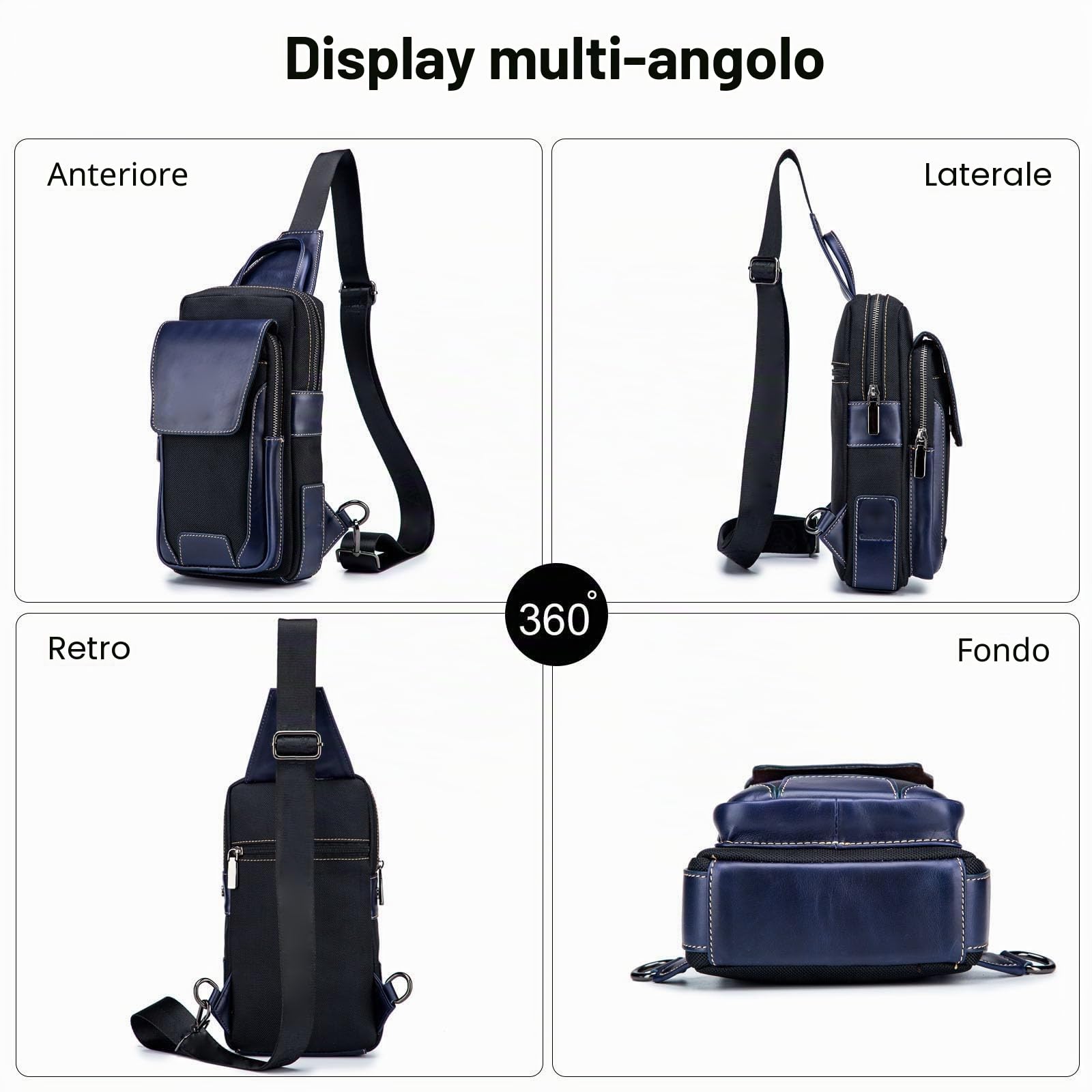 FANDARE Retrò Zaino Monospalla Uomo Borsello Tracolla Zainetto Piccolo Zaino Spalla Impermeabile Pelle Affari Borsa a tracolla per Trekking Ciclismo Viaggio Marsupio Tracolla Blu nero