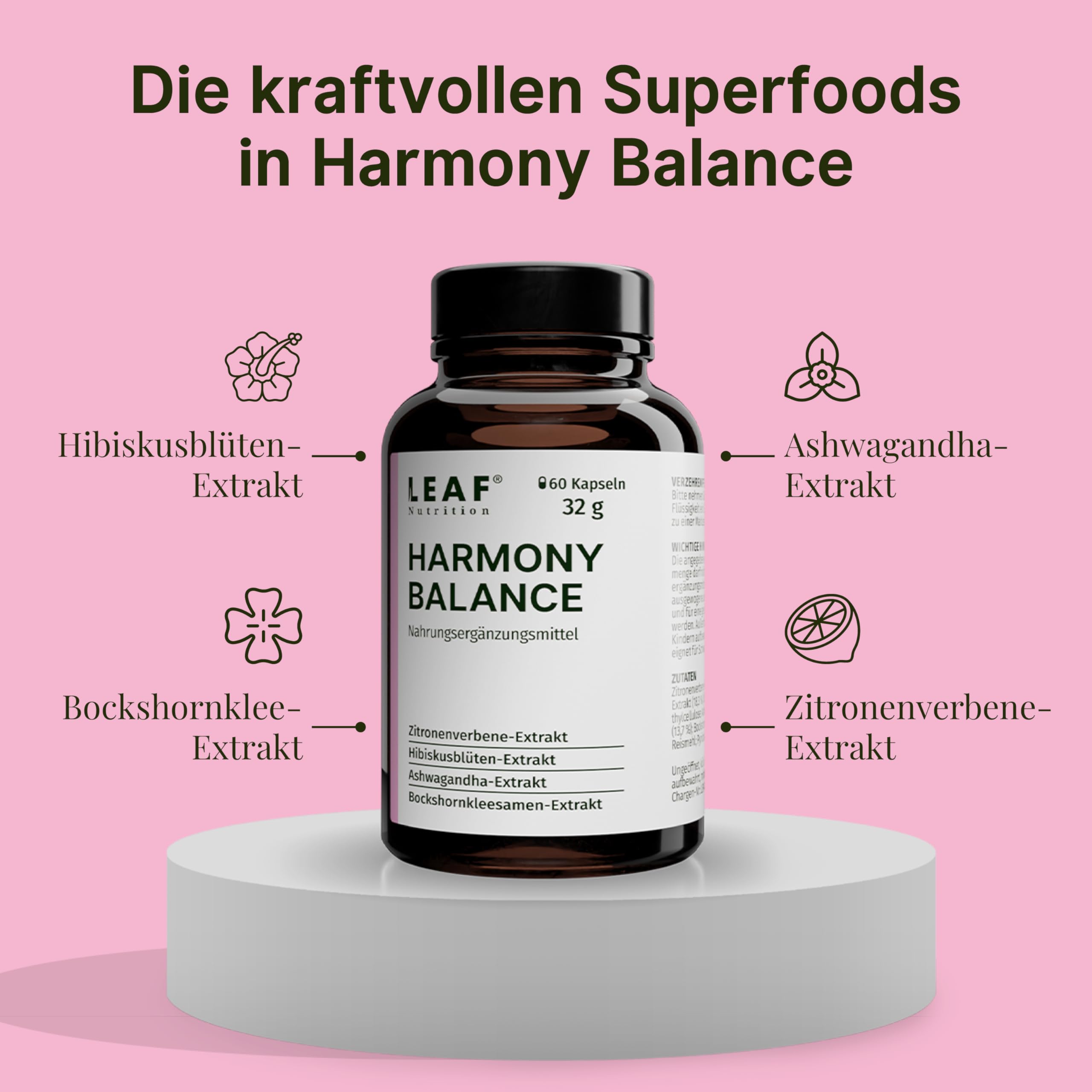 LEAF HARMONY BALANCE Kapseln Frauen – Meno Komplex Wechseljahre mit Ashwagandha, Zitronenverbene, Vitamin B6 zur Regulierung der Hormontätigkeit – 60 vegane Kapseln, made in Germany