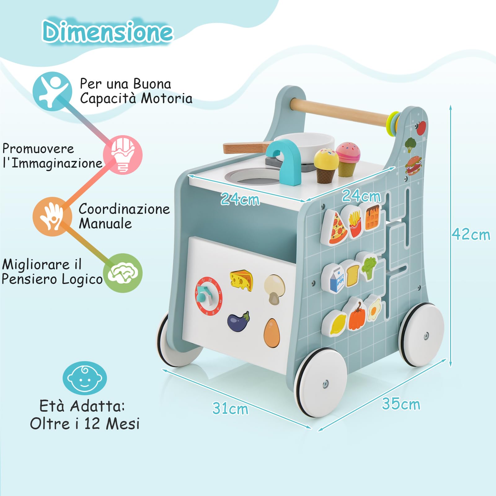 RELAX4LIFE Andador de Madera para Bebés con Accesorios y Ruedas, Carrito de Helados de Juguete Multifuncional, Juguete Montessori, Centro de Actividades para Niños 1+ Año (Azul)