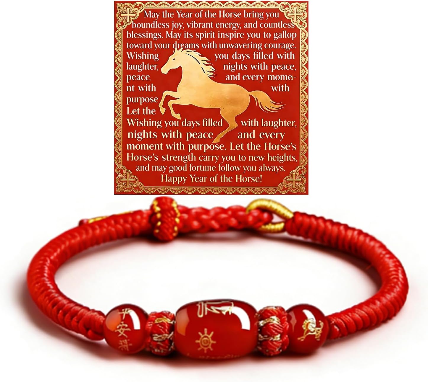 2026 New Year of Horse Beaded Bracelets for Women Men, Chinese Spring Festival Zodiac Animal With Gift Card Box Adjustable Rope String Charm Good Luck Braided Jewelry Gifts
