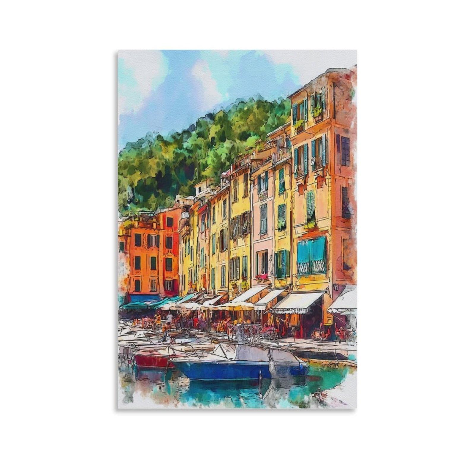 Cnaheiz Unframe-Style Portofino Italy 08X12inch(20X30cm) Vintage Travel Poster Watercolor Canvas Art
