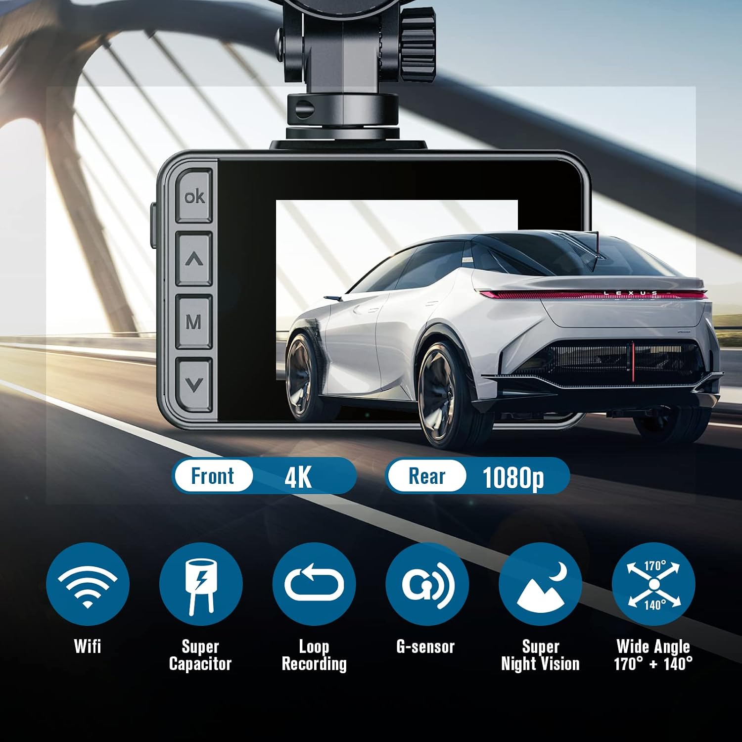 iiwey N2 Dash Cam 4K Front and Rear Dual, Mini Car Camera WiFi with App Control, Dashboard Camera for Car with Super Capacitor, Night Vision, Loop Recording, Support 256GB Max