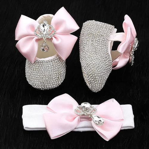 Miniatura 4 de Bling Rhinestone recién nacido bebé niña zapatos y diadema, regalo de lujo bebé conjunto crema