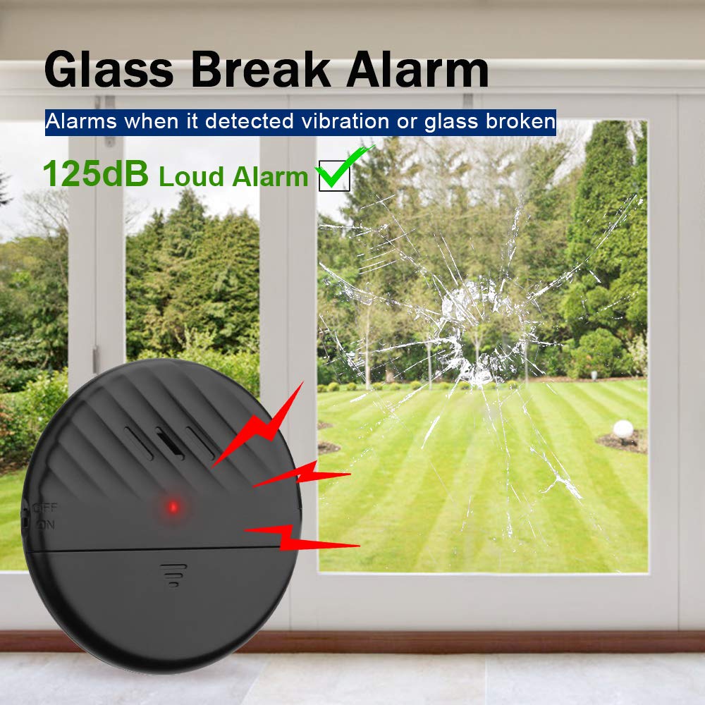Wsdcam Allarme finestra sensore di rottura vetro allarme 125dB ultra sottile rilevatore di rottura vetro antifurto sensore di vibrazione allarme per porte e finestre di casa, confezione da 4, nero