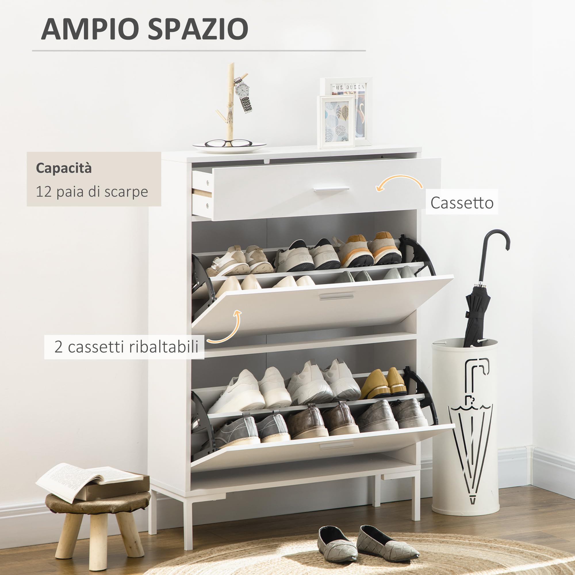 HOMCOM Mobile Portascarpe, Scarpiera Moderna per 12 Paia di Scarpe con 2 Ante a Ribalta e Cassetto, in Truciolato, MDF e Metallo, 75x26x110 cm, Bianco
