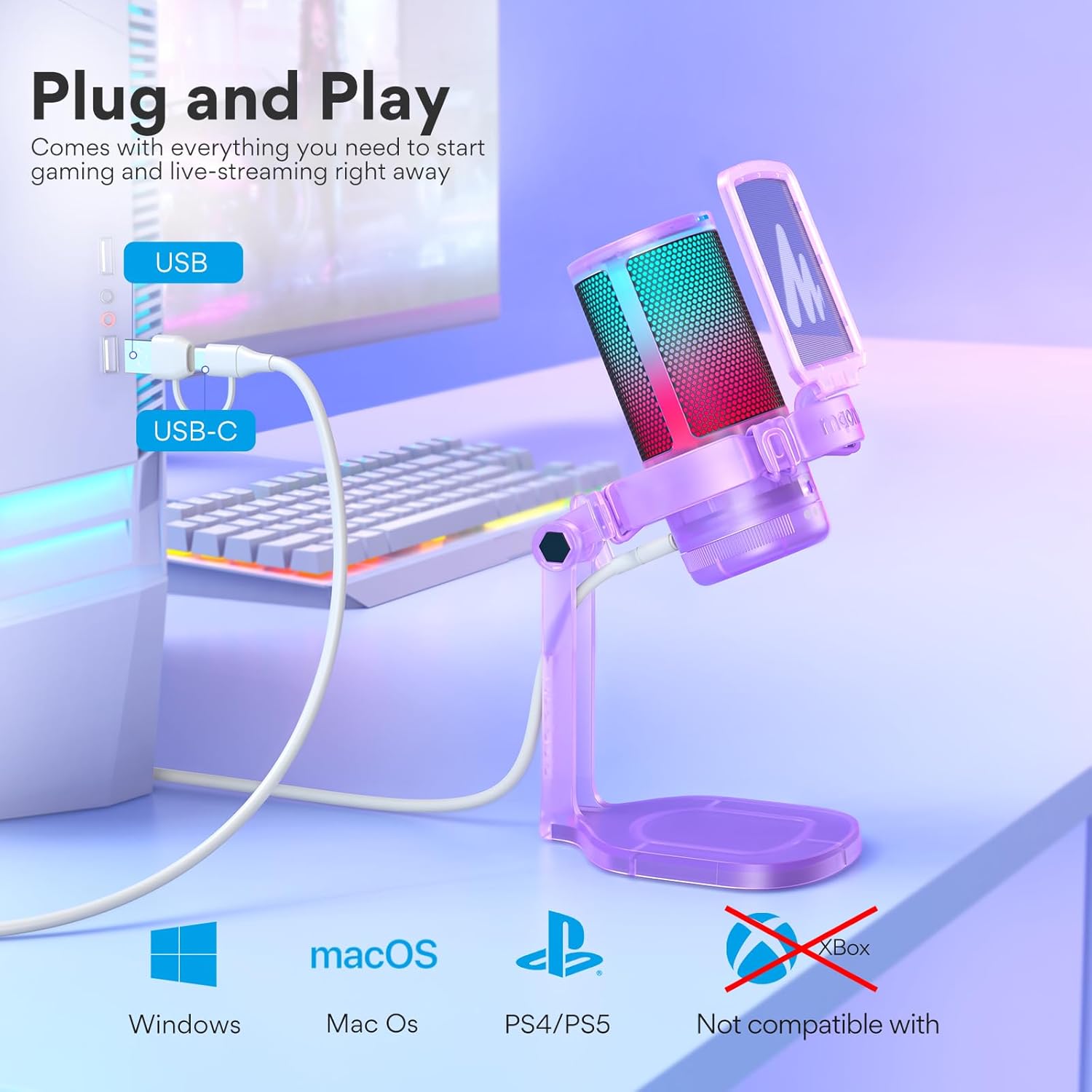 MAONO Gaming Microphone with Noise Cancellation, PC USB Condenser Mic for Computer, Mac, Laptop, PS5, Streaming, Podcast, Twitch, YouTube, Discord, GamerWave DGM20 Purple