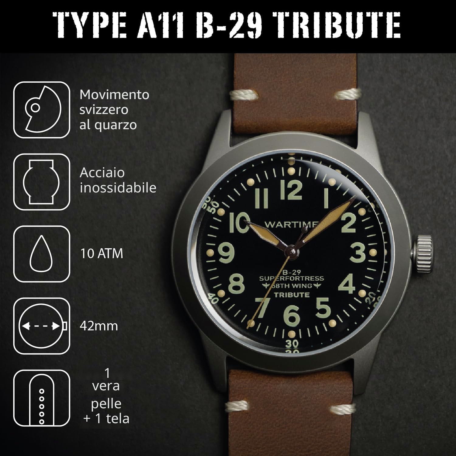 WARTIME | Orologio areonautica militare uomo ispirata al modello della Seconda guerra mondiale A-11 – Edizione limitata da collezione, numerata singolarmente, include due cinturini e accessori extra.