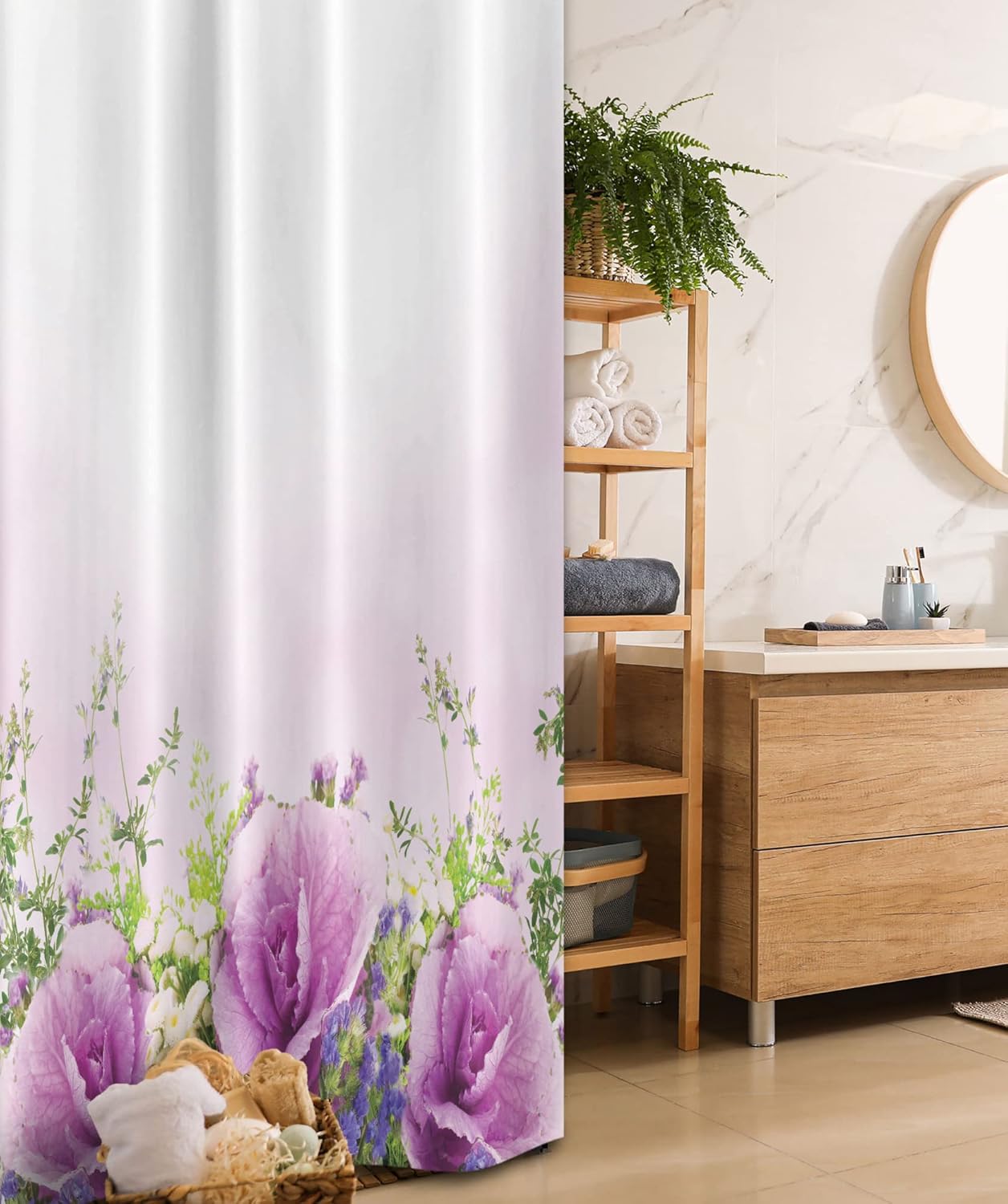 Ambesonne Flower Stall Shower Curtain, Spring Cabbage Flowers in Fragrant Bouquet with Partially Shaded Color Romance, Fabric Bathroom Decor Set with Hooks, 36" W x 72" L, Lavender Green