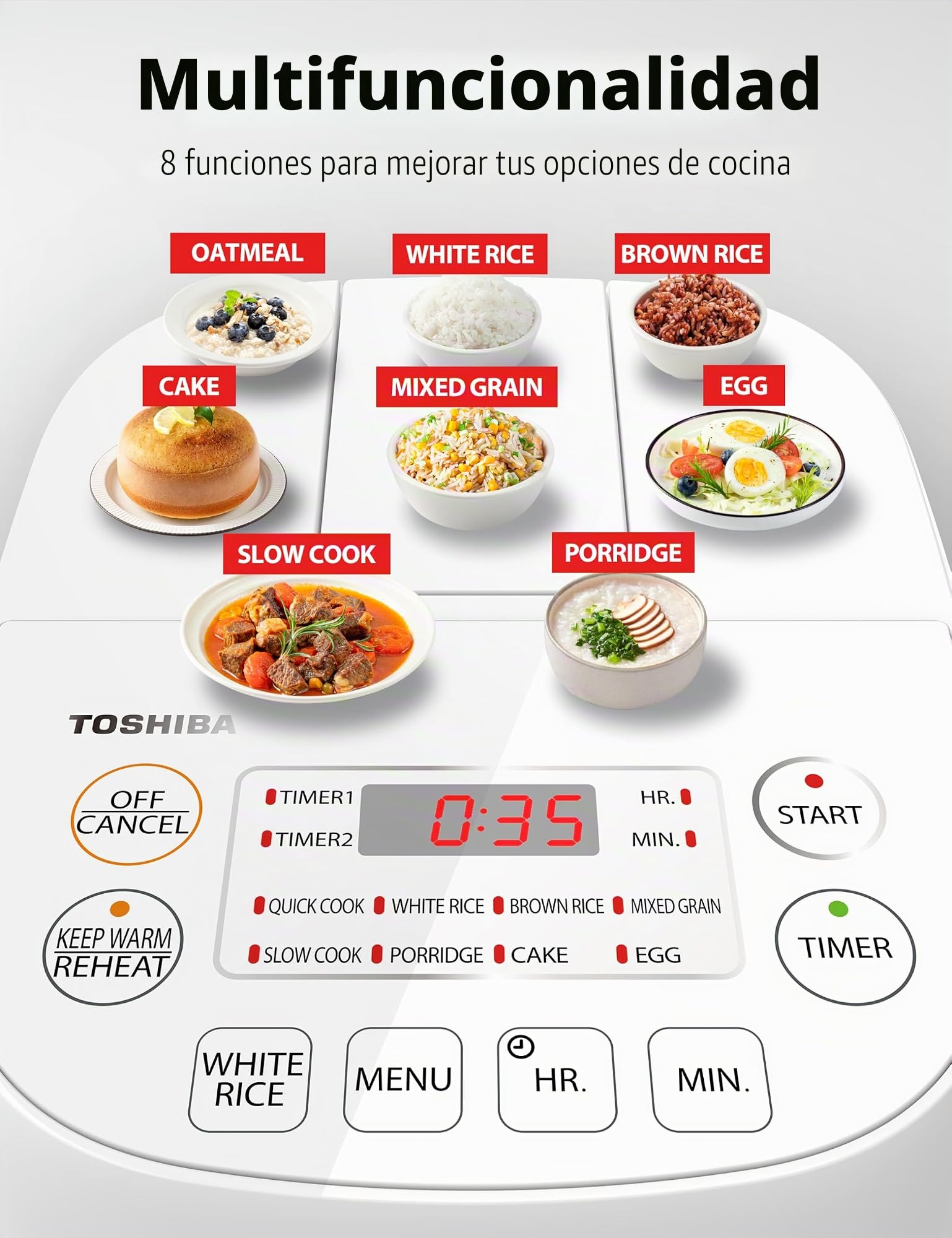 Toshiba Small Rice Cooker 3 Cup Uncooked – LCD Display with 8 Cooking Functions, Fuzzy Logic Technology, 24-Hr Delay Timer and Auto Keep Warm, Non-Stick Inner Pot, White