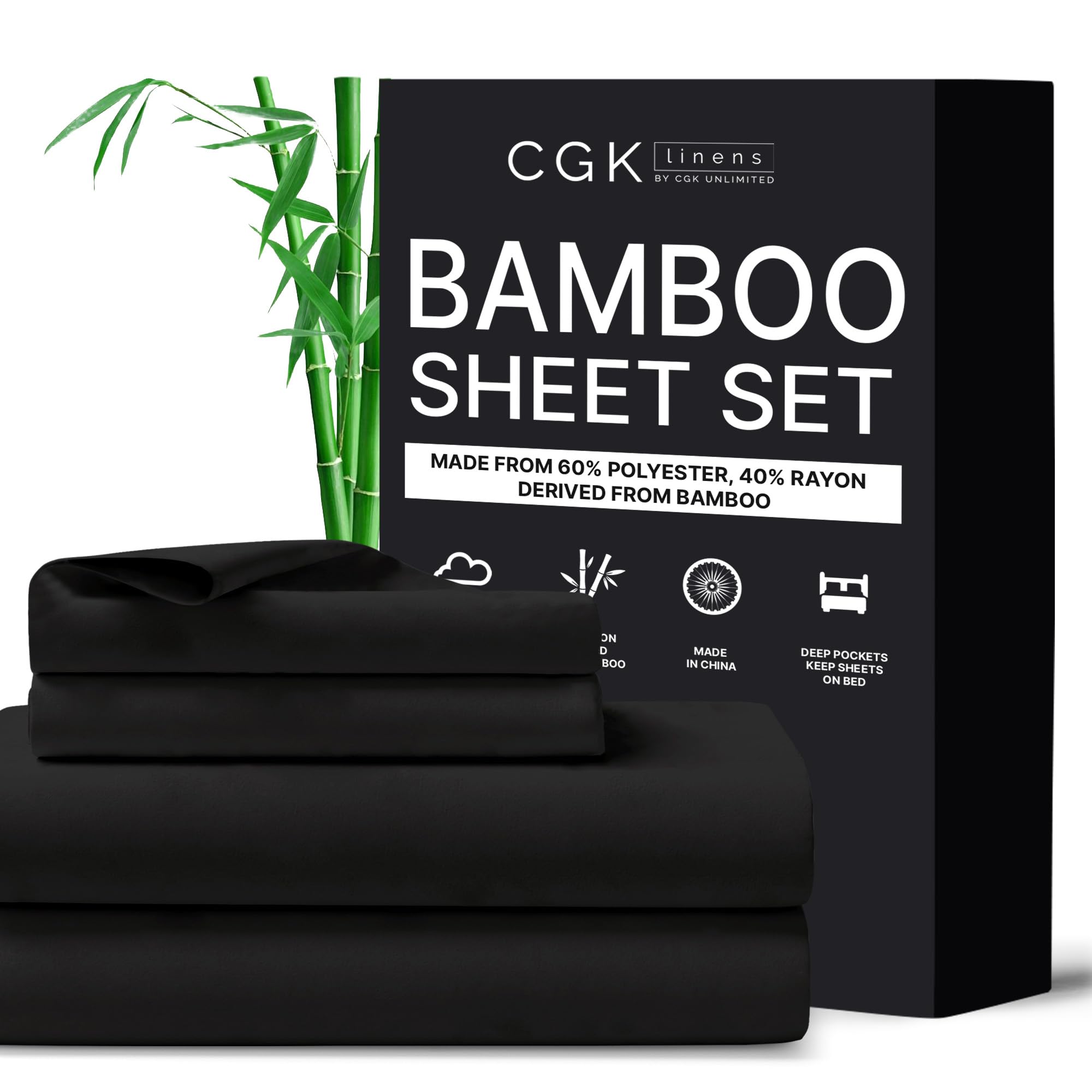 CGK Unlimited King Size Sheets - Cooling and Breathable Sheets - 60% Polyester, 40% Rayon Derived from Bamboo - Super Soft & Comfy for Hot Sleepers to Stay Cool, Fits King Sized Bed (King, Black)