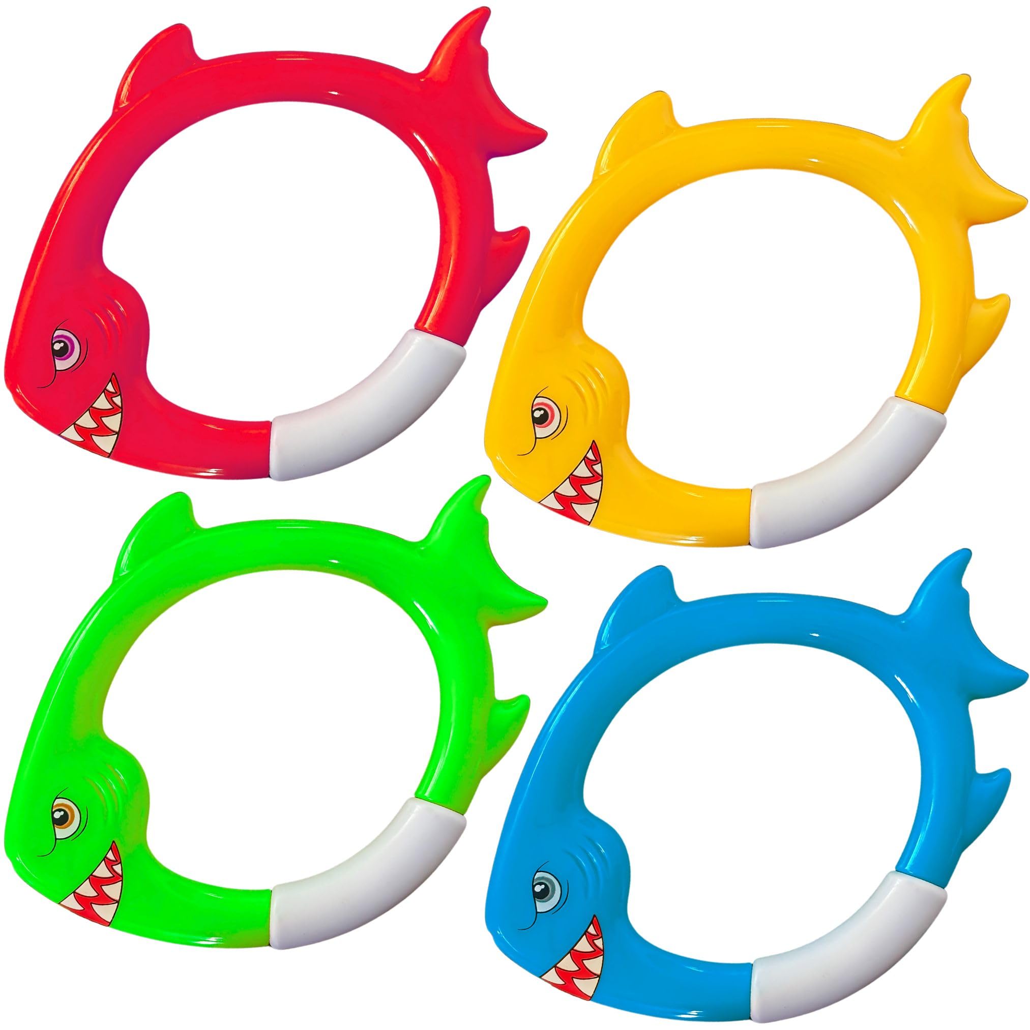 Lot de 4 anneaux de plongée avec requin – Jouets de piscine pour enfants, garçons, garçons et filles, anneaux de poissons sous-marins colorés pour jeux de piscine, entraînement à la natation, jeux de
