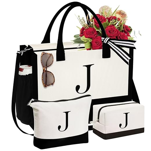 3 Pcs Gifts for Women - Initial Canvas Tote Bag & Makeup Bag Personalized Mothers Day Birthday Gifts for Women Her Girlfriend Friends Female Sister Teacher