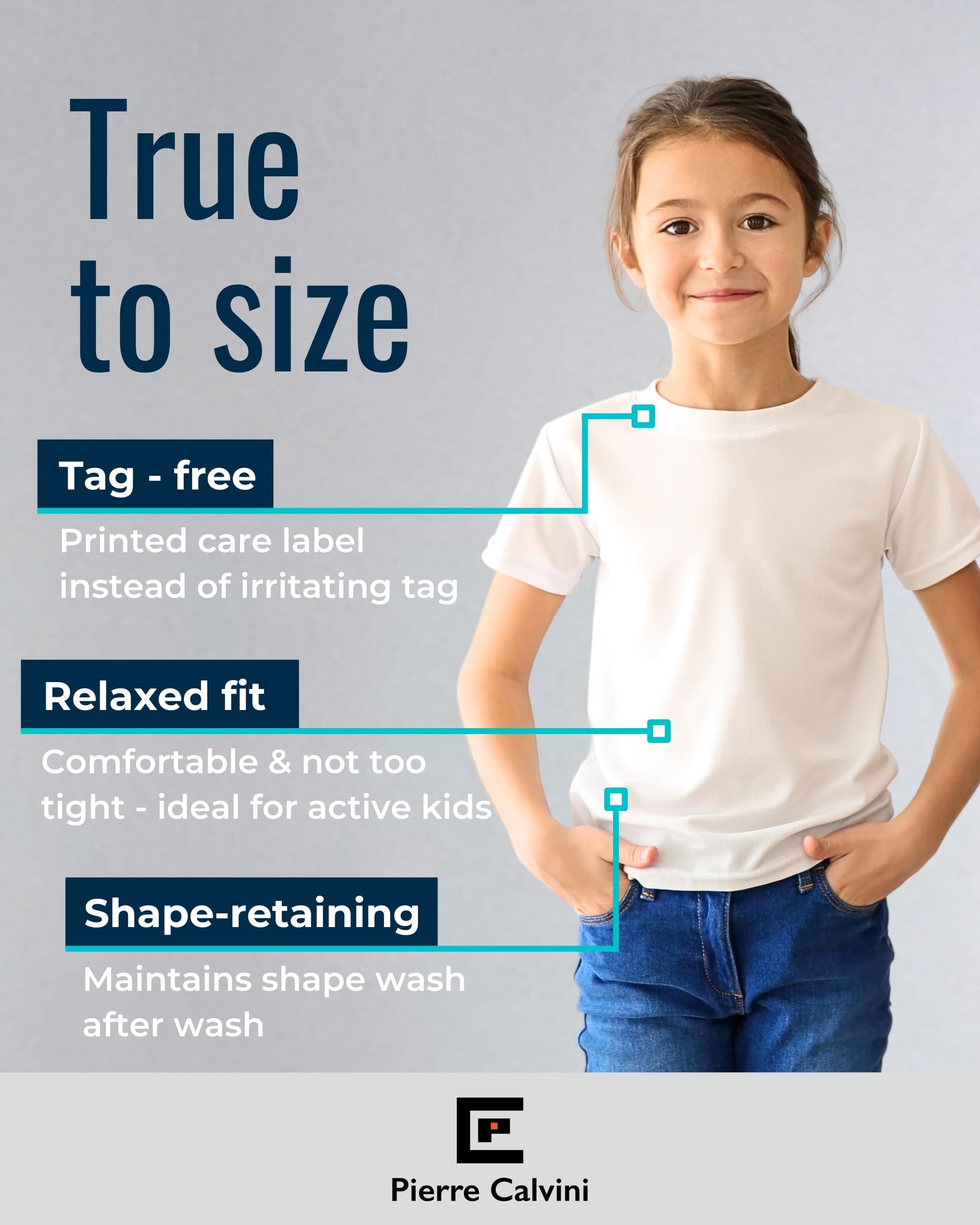 Pierre Calvini Kids White T-Shirts (5 Pack) - 100% Cotton Boys & Girls Plain T Shirt - for School, PE and Everyday - Soft and Comfortable Cotton Tees for Children Ages 5-13