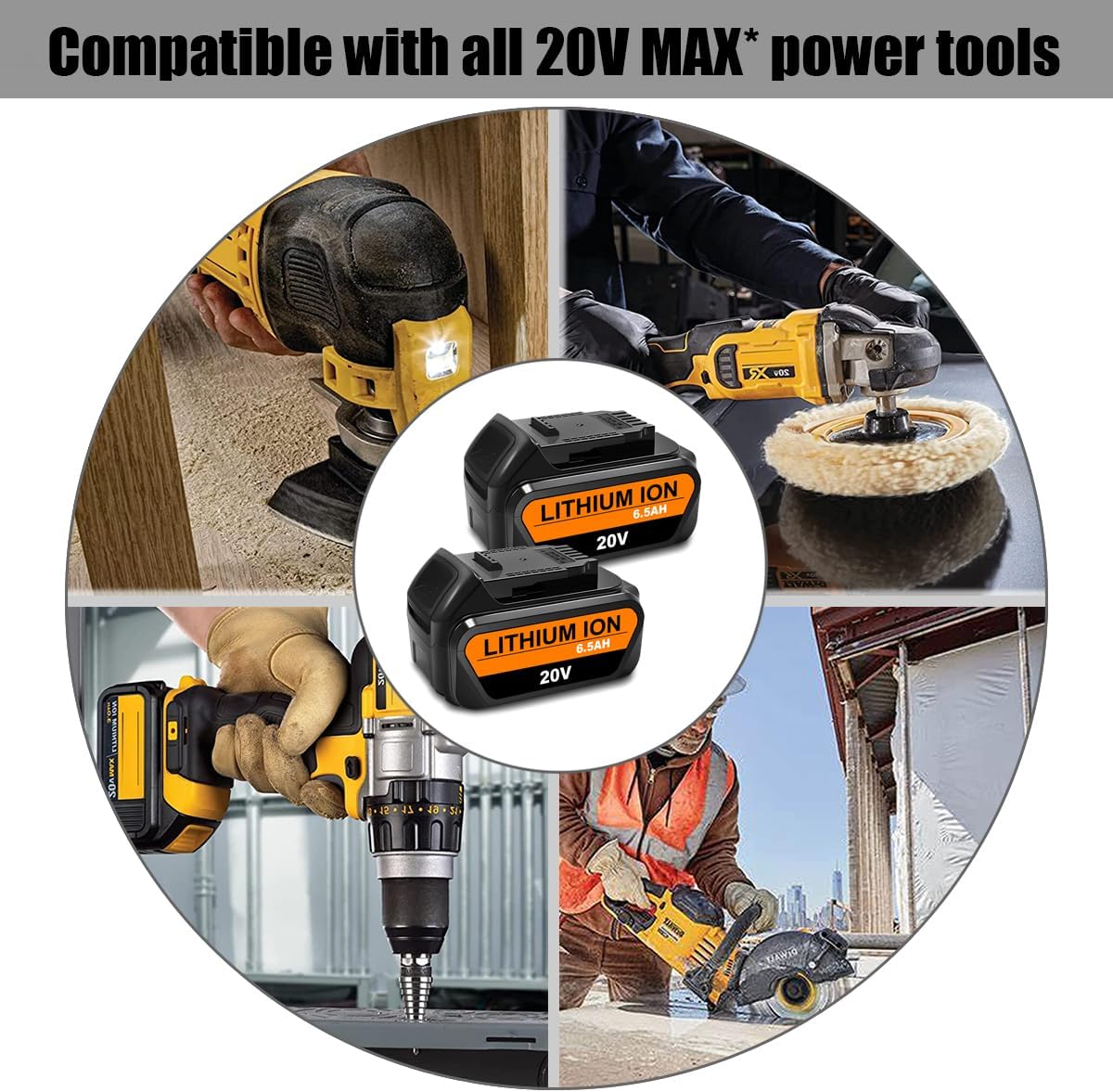 2 Pack 6.5Ah DCB206 20V Lithium Battery Replacement for Dewalt 20V Max Premium 6.0Ah Battery DCB206-2 Compatible with 20 Volts DCD/DCF/DCG/DCS Tools 20V MAX XR 6 Ah Battery DCB206-2