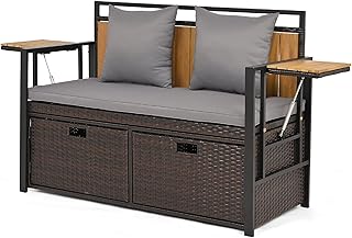 GIANTEX Gartenbank Polyrattan mit Stauraum, 2-Sitzer Sitzbank mit Kissen & klappbaren Seitenablagen, belastbar bis 360kg, 142,5 L Truhenbank, für Terrasse, Balkon， Poolbereich, 120 x 51 x 82 cm (Grau)