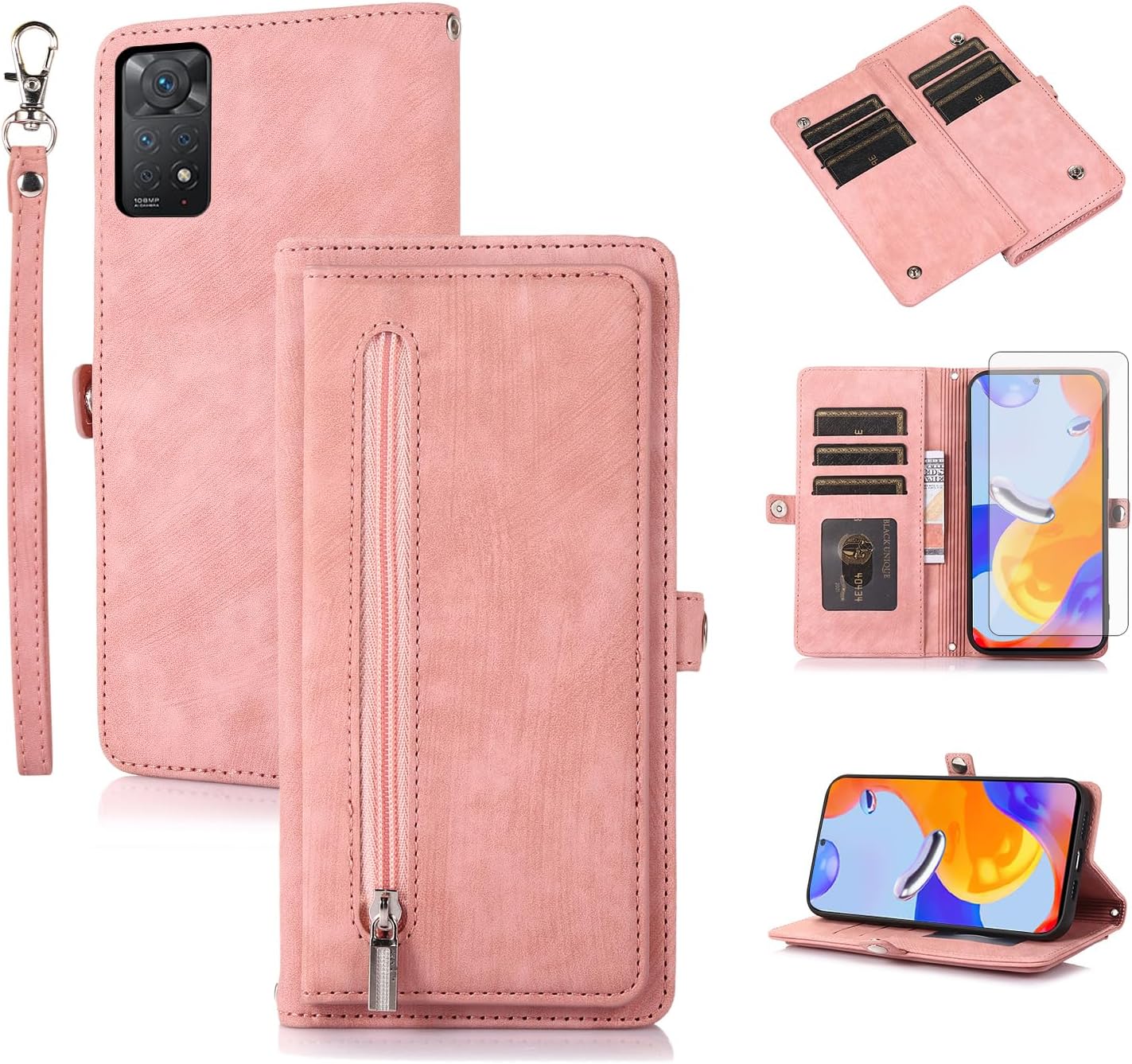 Asuwish Phone Case for Xiaomi Redmi Note 11 Pro 4G/5G Wallet Cover With Tempered Glass Screen Protector and Crossbody Flip Zipper Credit Card Holder Stand Cell Redme Note11 11E 11Pro Women Men Pink