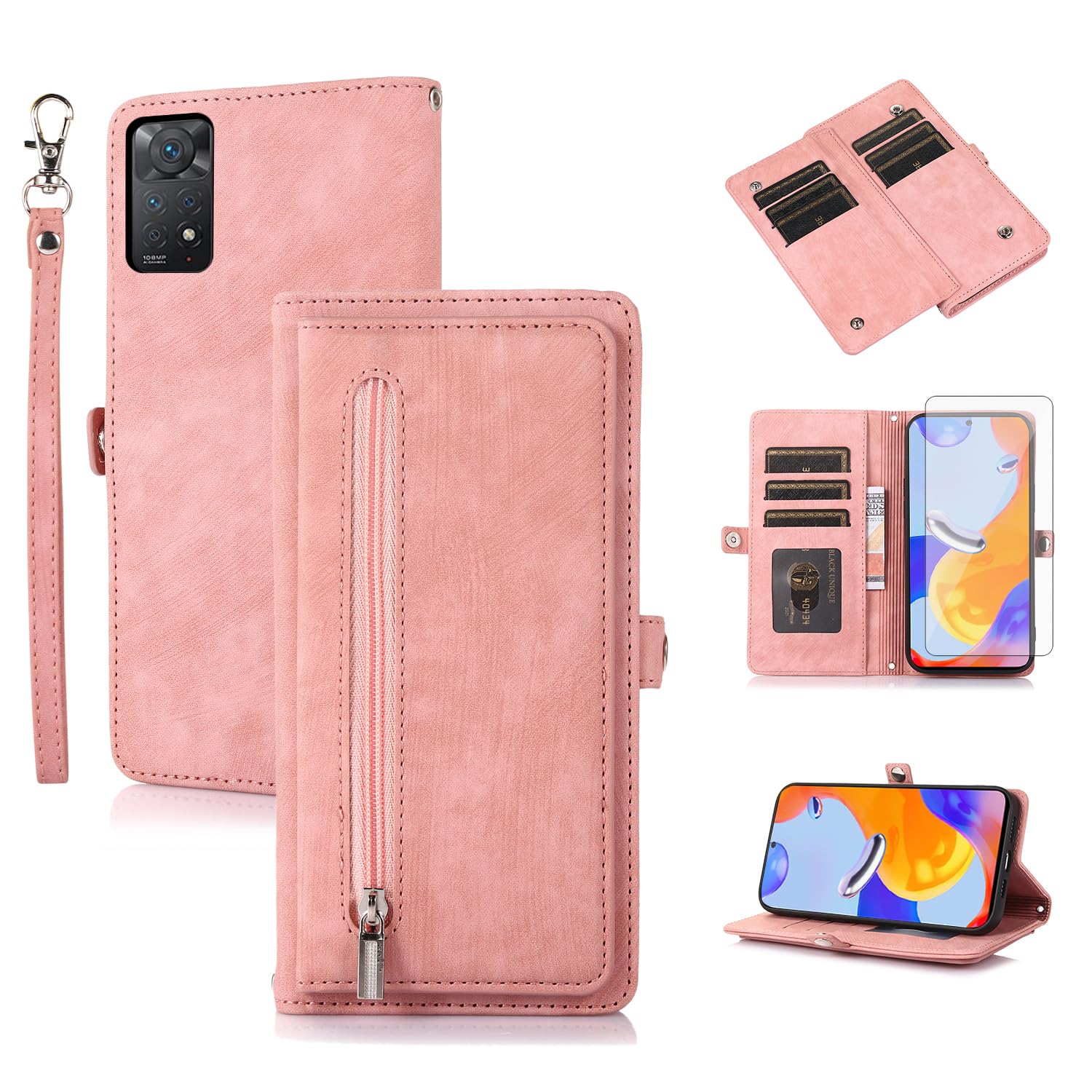 Asuwish Phone Case for Xiaomi Redmi Note 11 Pro 4G/5G Wallet Cover With Tempered Glass Screen Protector and Crossbody Flip Zipper Credit Card Holder Stand Cell Redme Note11 11E 11Pro Women Men Pink