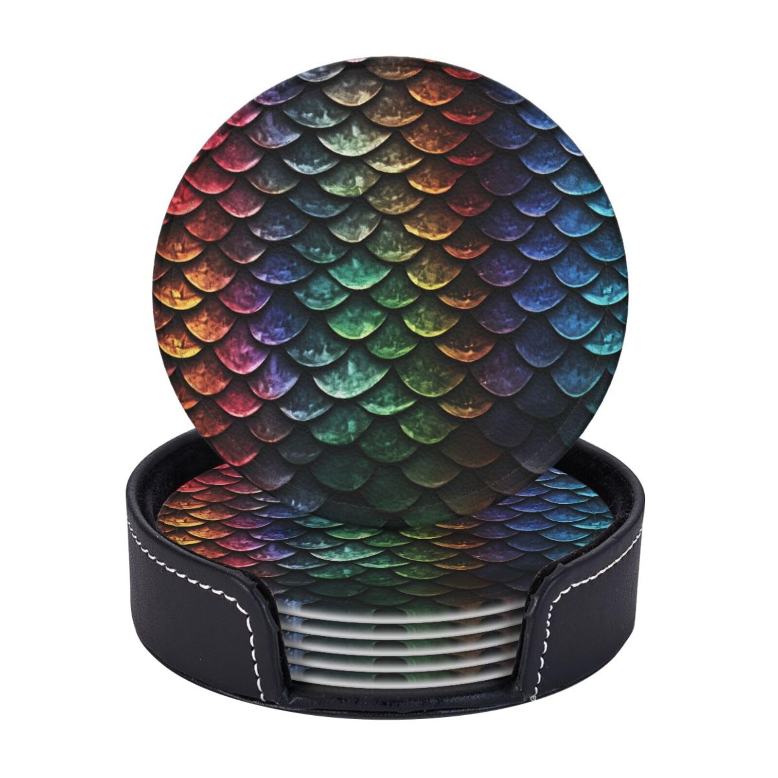 6Pcs PU Leather Coaster for Drinks, Dragon Scale Cup Coasters with Holder, Aesthetic Drink Coasters for Coffee Table, Round Coaster for Tabletop Protection 4" Cup Mat Pad