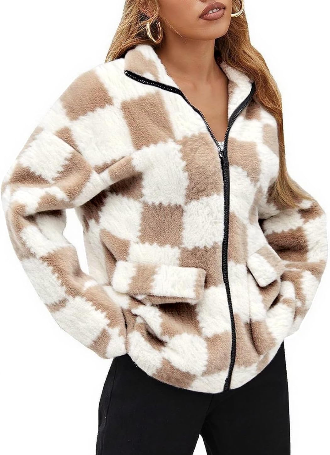 EARKOHA Womens 2026 Winter Coat Cow Print Fashion Zip Up Faux Fur Sherpa Jacket Warm Fleece Oversized Outwear with Pockets
