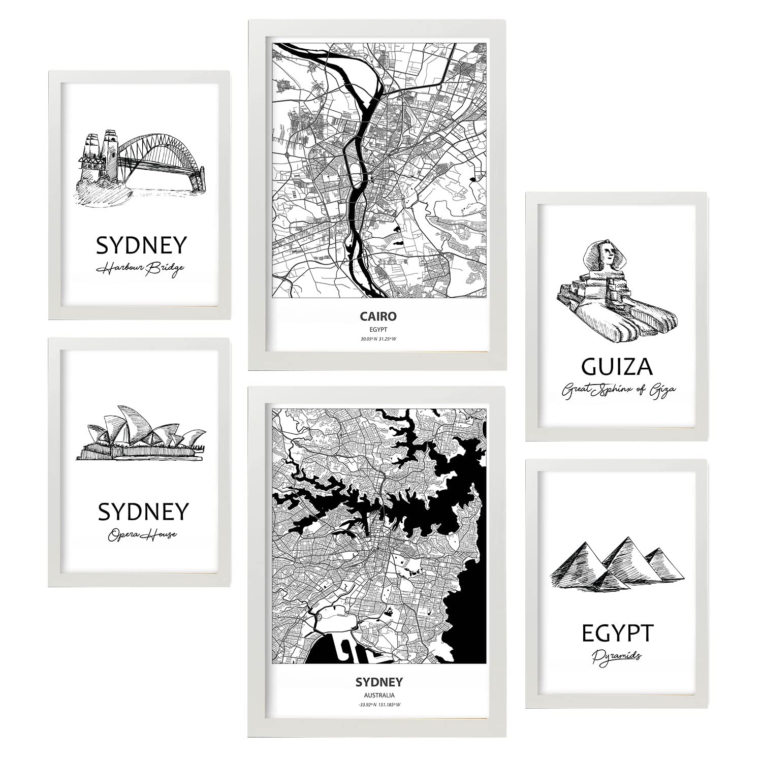 Nacnic Set of 6 posters Egypt and Sydney. Collection of posters in collage aesthetic for interior decoration. Sizes A3 and A4. White frames.