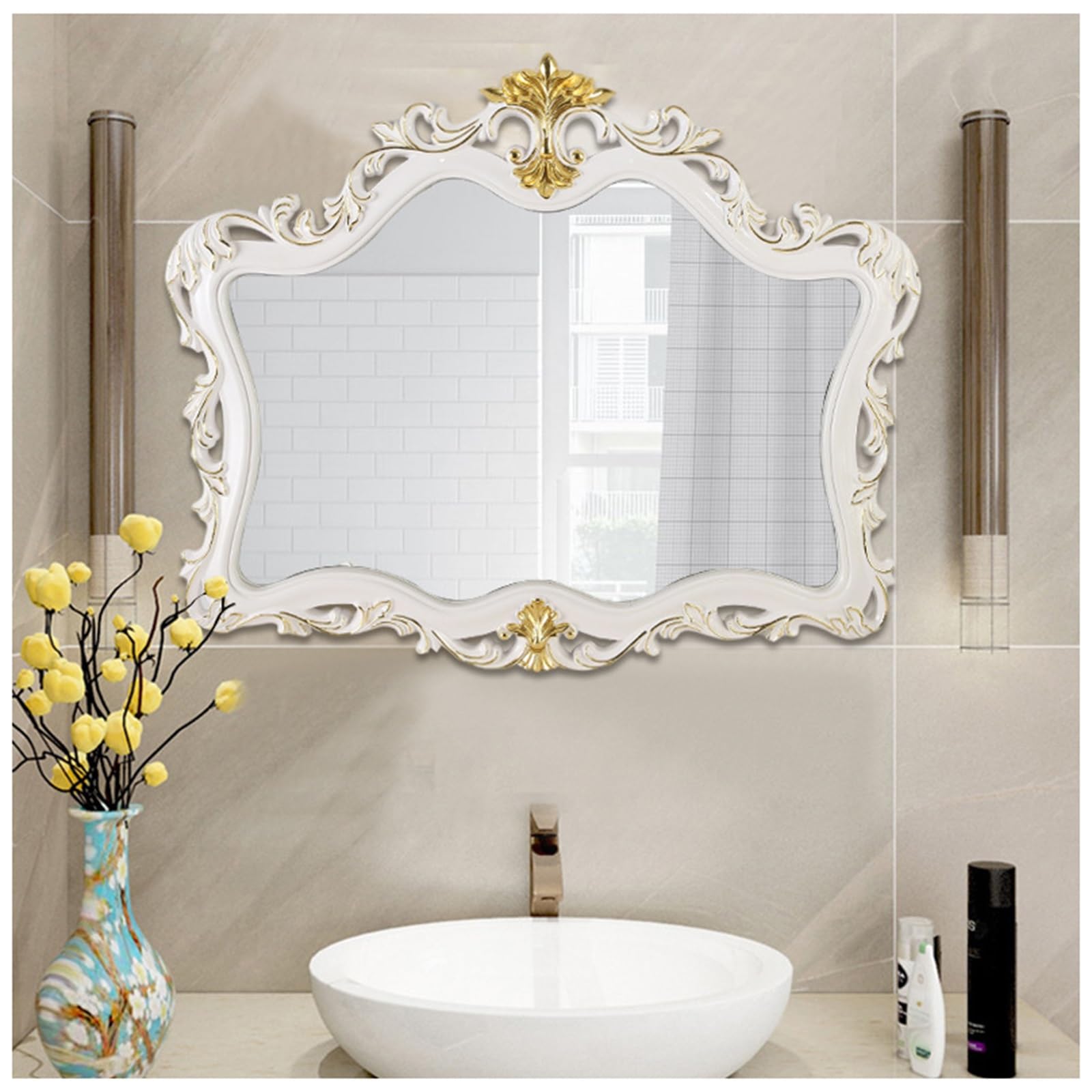 Fitlin Retro Wall Mounted Bathroom MirrorCarved Design for Bedroom Living Room & EntranceDecorative Vanity Mirror(B - White,95 * 78cm/37.4 * 30.7in)