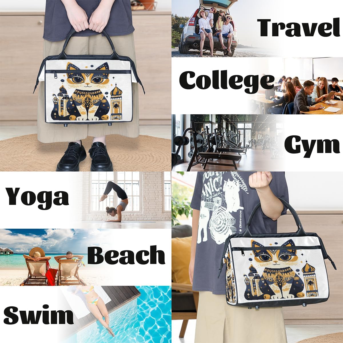 Large Travel Duffle Bag for Women Men,Waterproof Weekender Overnight Bag Carry on Tote Bags for Gym Sport Business Trip,Egyptian Ethnic Cat Duffel Bags