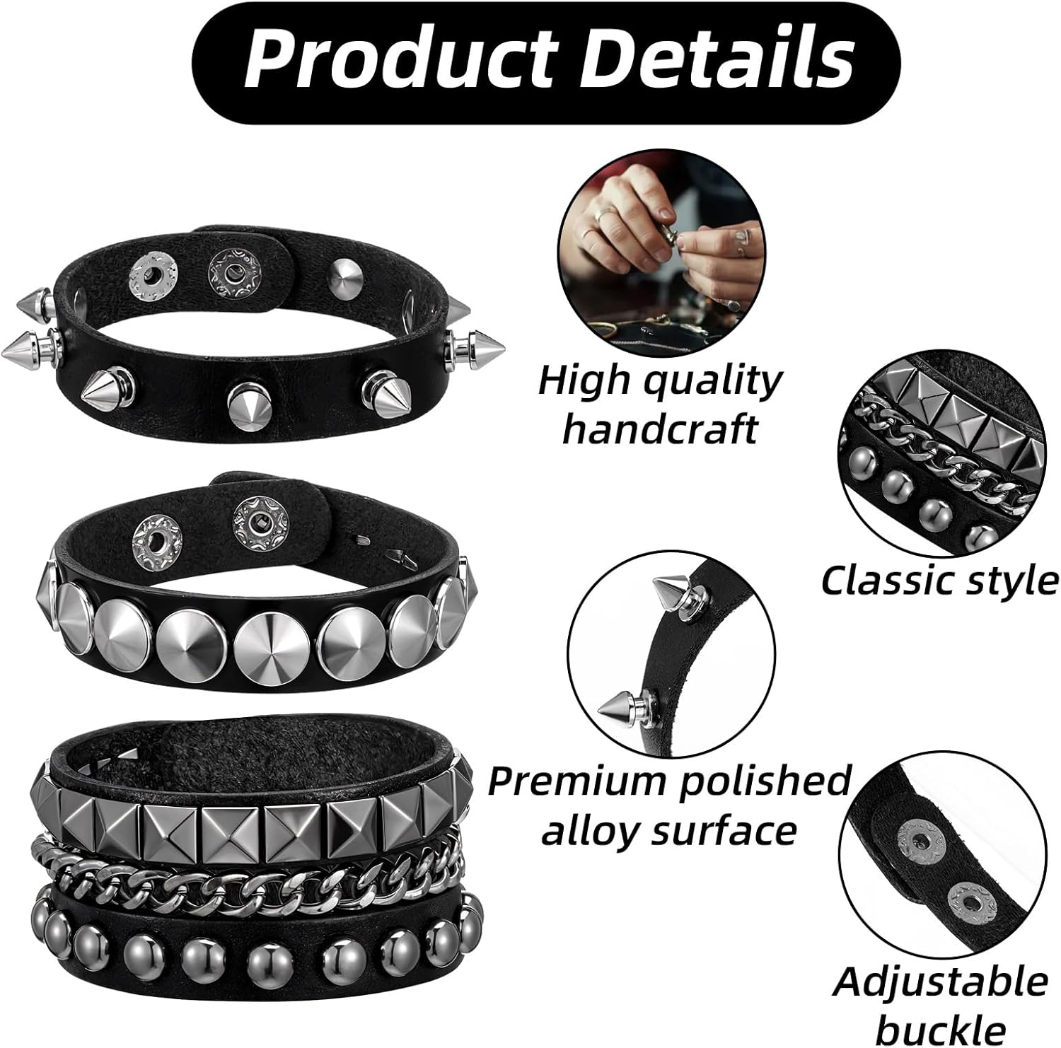 3 Pcs Punk Rock Leather Studded Bracelets, 80s Gothic Spike Cuff Bracelet Halloween Party Favors Rock Accessories - Image 3
