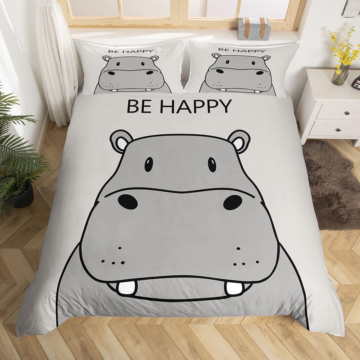 jejeloiu Kids Hippo Duvet Cover Queen Size Cute Hippopotamus Bedding Set Be Happy Quote Comforter Cover Set Boys Girls Teens Ultra Soft Cartoon Grey Zipper Closure