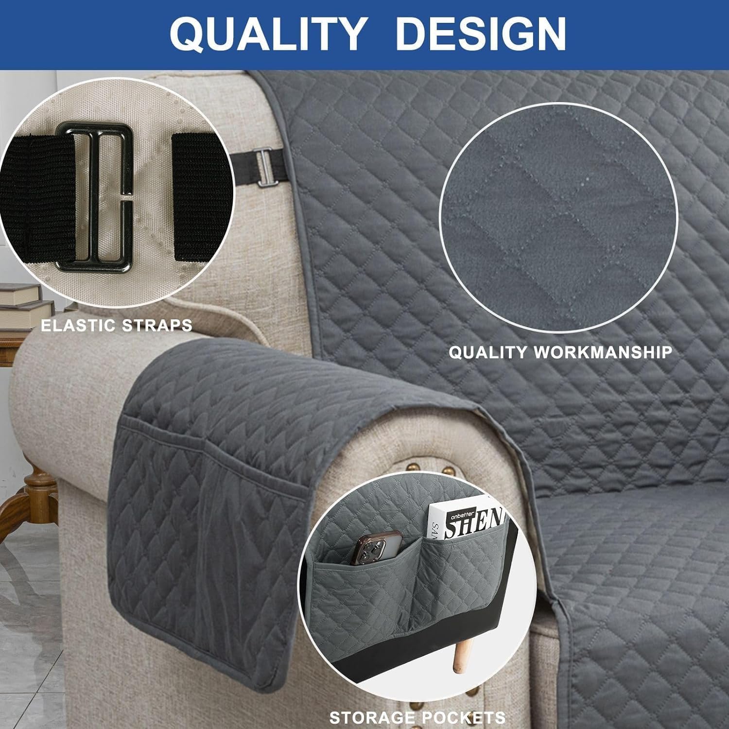 XINEAGE Quilted Sofa Cover Waterproof Couch Covers for 3 Cushion Couch, Super Soft Washable Slipcover with Pockets & Non-Slip Elastic Straps, Thick Furniture Protector (Sofa, Dark Grey) - Image 3