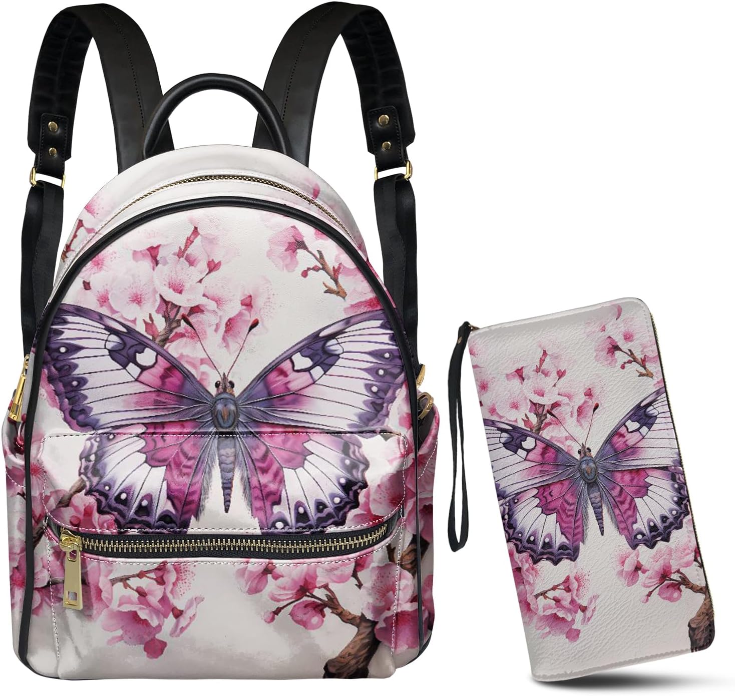 GLENLCWE Pink Butterfly Women's 2Piece Leather Backpack Purse and Wallet,Mini Backpack Shoulder Bag and Zipper Wallet with Card Slots for Causal Travel