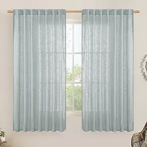 LAMIT Extra Wide Linen Curtains for Living Room, Light Filtering Faux Linen Textured Panels Semi Sheer Back Tab and Rod Pocket Boho Drapes for Farmhouse, 2 Panels, Greyish Blue, 60 x 63 Inch
