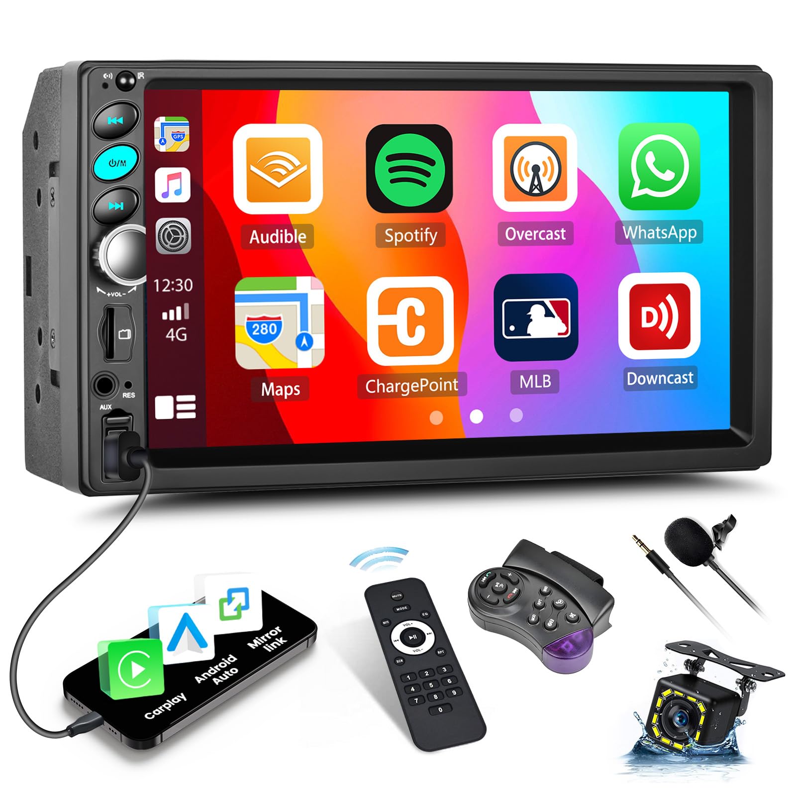 Double Din Car Radio with Apple CarPlay Android Auto CAMECHO 7 inch Touchscreen 2 Din Car Stereo with Bluetooth Mirror Link/SWC/FM USB TF AUX + Reverse Camera