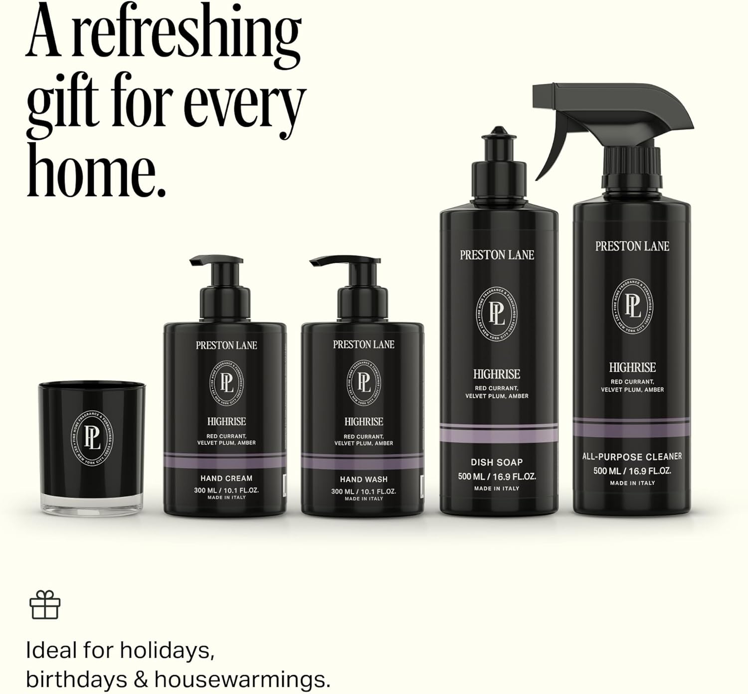 Preston Lane Signature Home Set – All Purpose Cleaner, Dish Soap, Hand Wash, Hand Cream & Scented Candle | Plant-Powered Cleaning & Care Essentials with Fine Italian Fragrance, Highrise