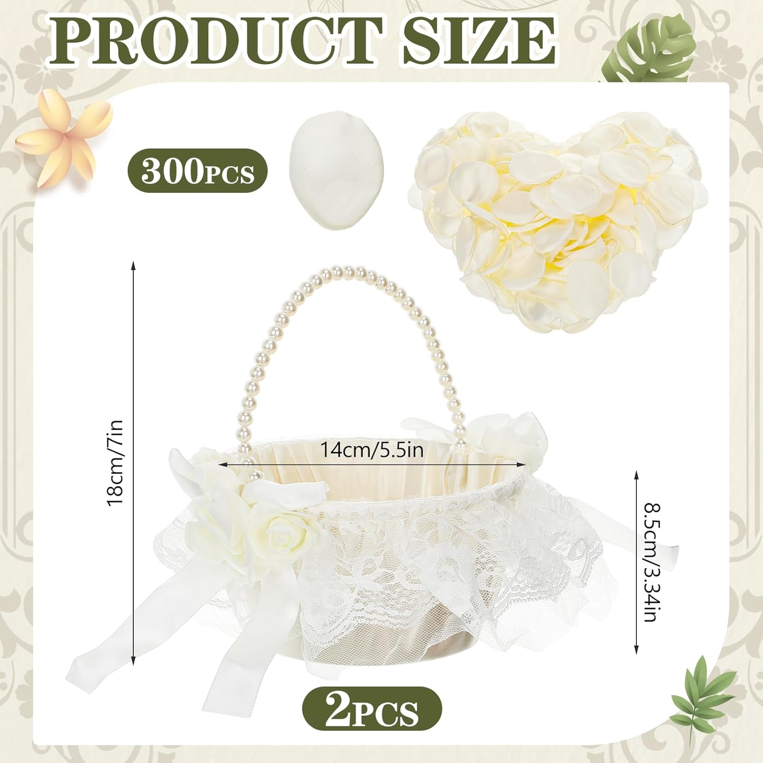 2 Packs Wedding Flower Girl Baskets with 300 Pcs Silk Petals, Pearl Handle and Ribbon Bow, White Lace Satin Elegant Storage Flower Girl Baskets for Wedding Bride Ceremony Party Accessories